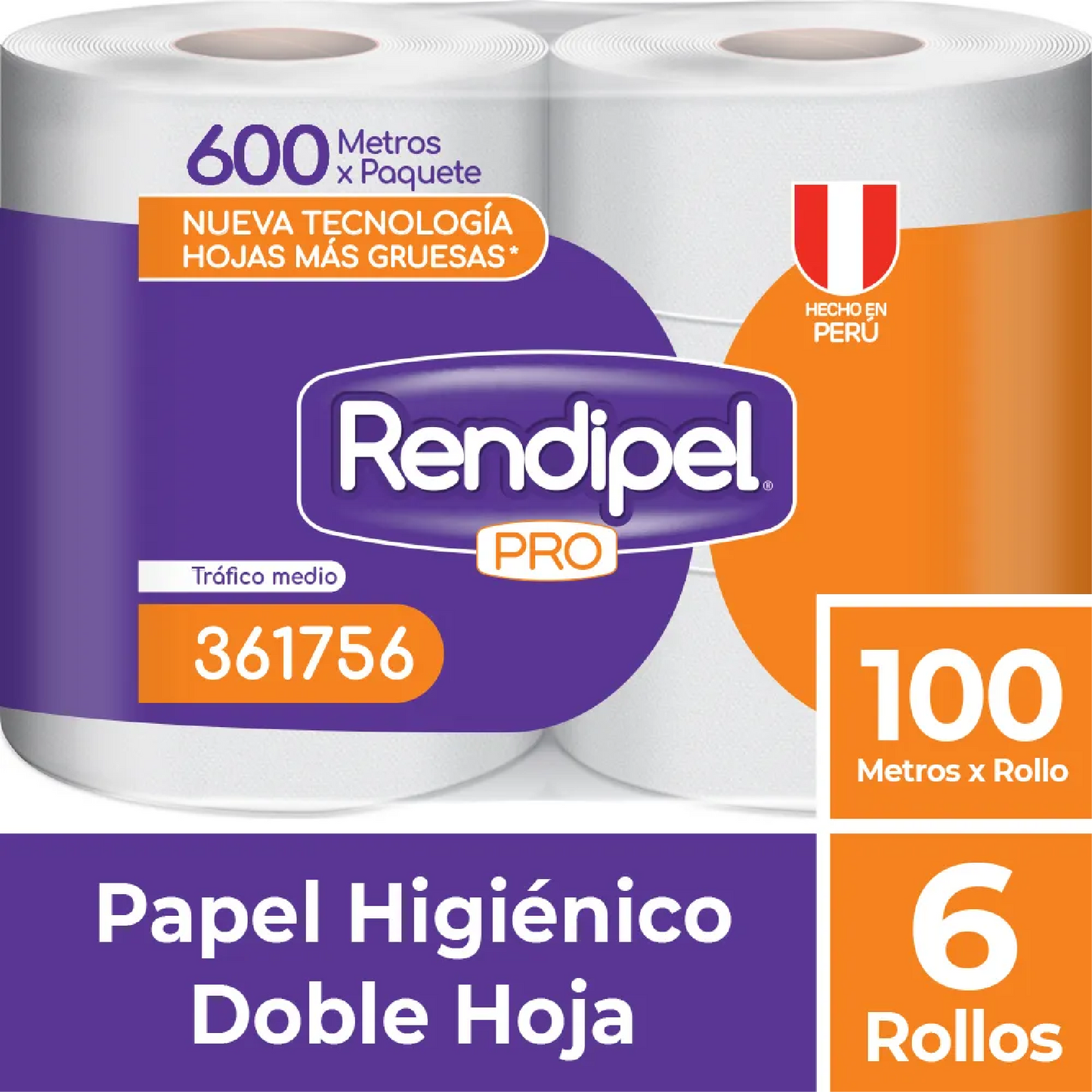 Papel Higiénico Rendipel Pro doble hoja Paquete por 600 metros.