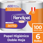 Papel Higiénico Rendipel Pro doble hoja Paquete por 600 metros.